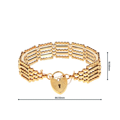 Vintage Five Bar Gate Bracelet with Heart Padlock in 9ct Yellow Gold