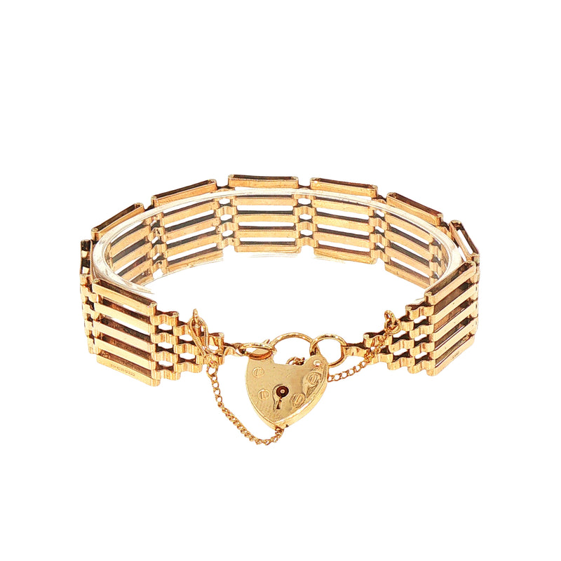 Vintage Five Bar Gate Bracelet with Padlock in 9ct Yellow Gold