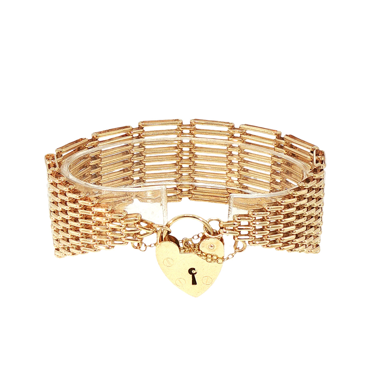 Vintage 10 Bar Gate Link Bracelet with Heart Padlock Weighing 43.2g in 9ct Yellow Gold