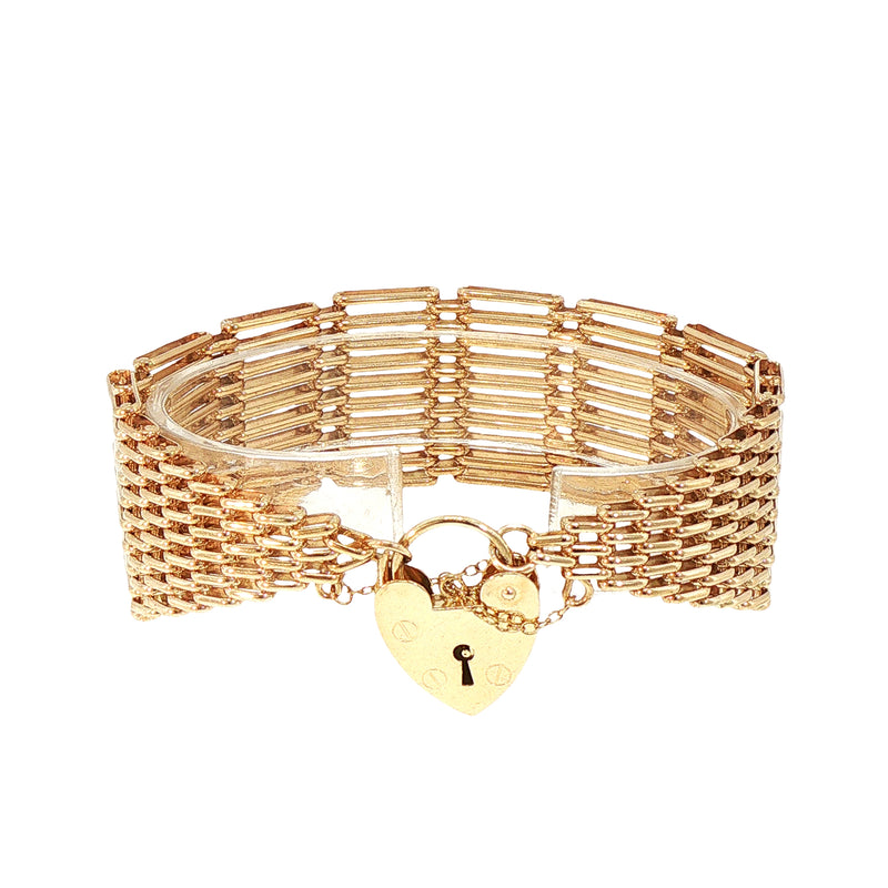Vintage 10 Bar Gate Link Bracelet with Heart Padlock Weighing 43.2g in 9ct Yellow Gold