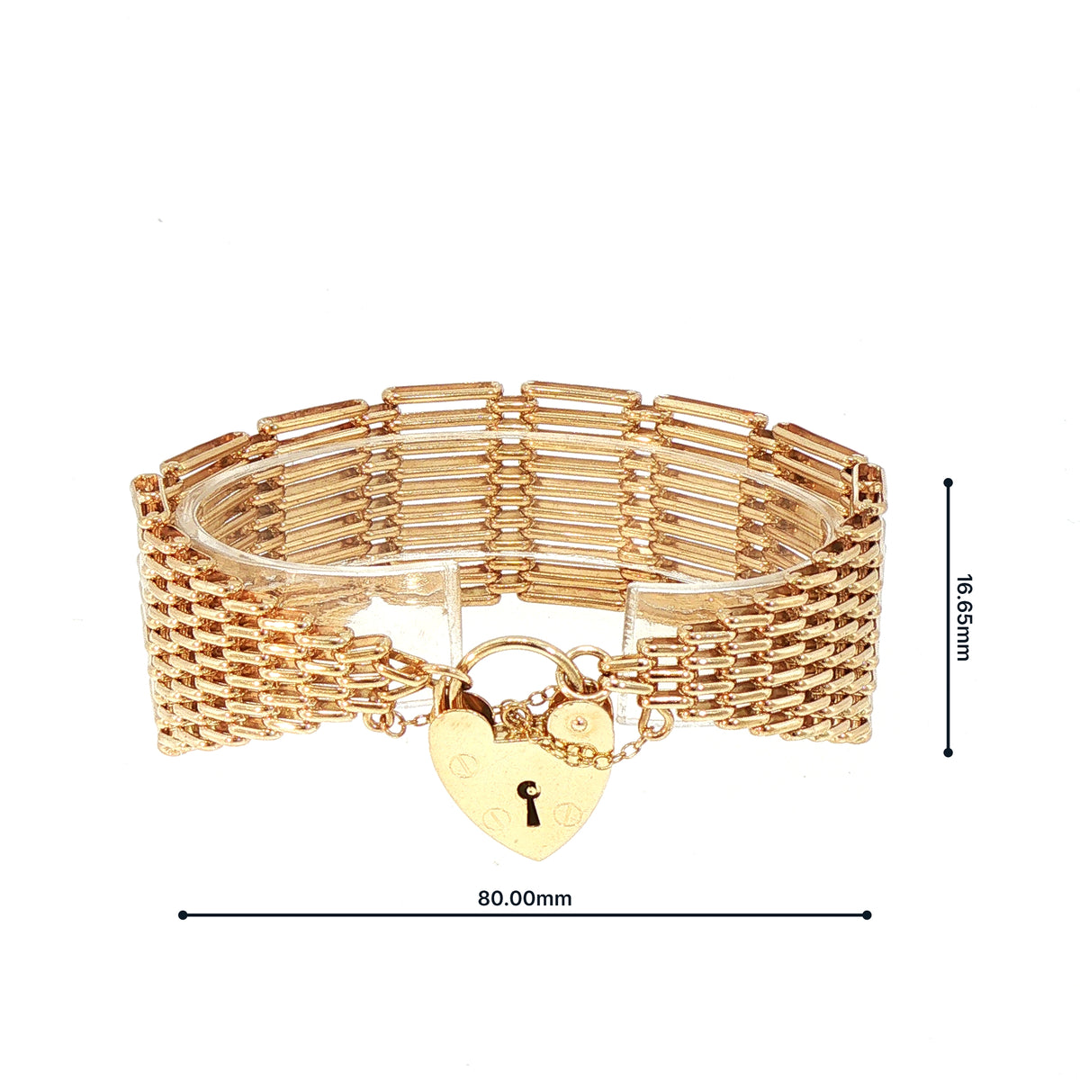 Vintage 10 Bar Gate Link Bracelet with Heart Padlock Weighing 43.2g in 9ct Yellow Gold