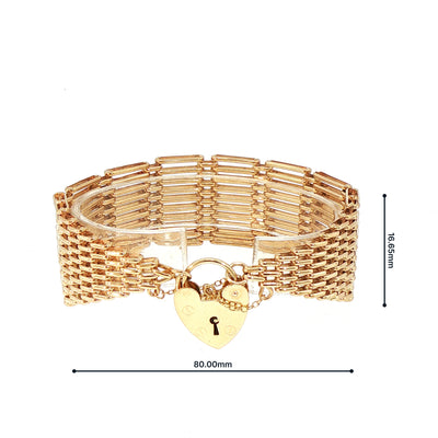 Vintage 10 Bar Gate Link Bracelet with Heart Padlock Weighing 43.2g in 9ct Yellow Gold
