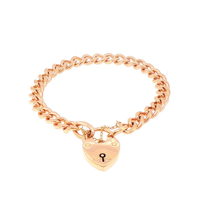 Vintage Curb Link Bracelet with Heart Shape Padlock in 9ct Rose Gold