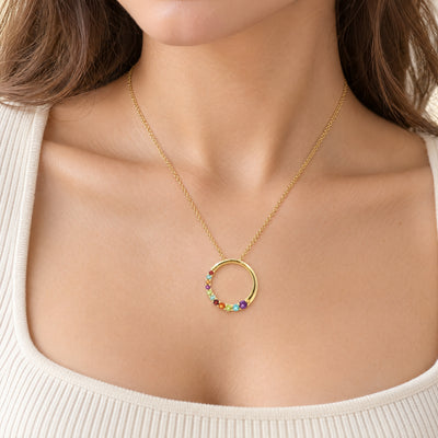 Vintage Multi-Colour Stone Circle Pendant Necklace in 14ct Yellow Gold