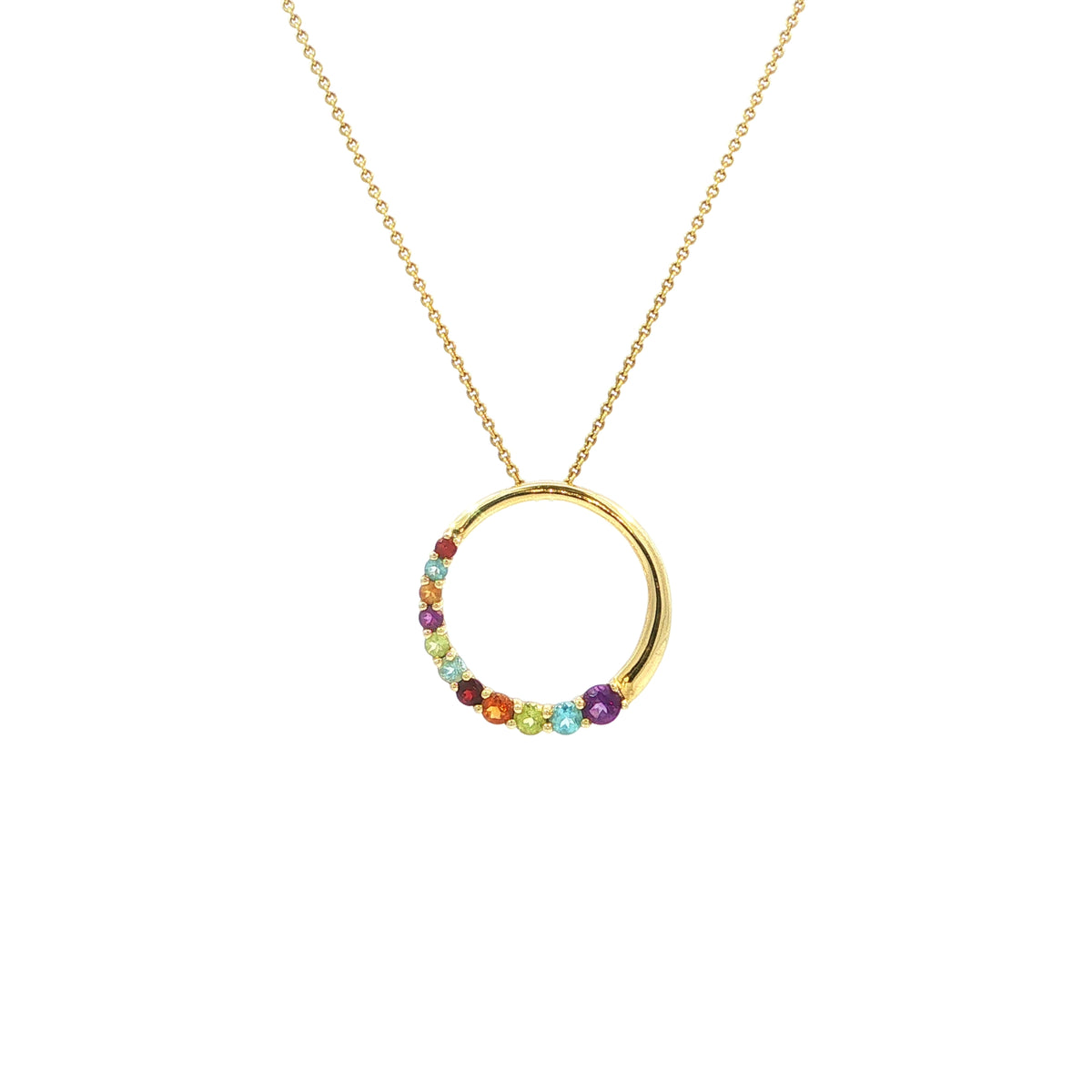 Vintage Multi-Colour Stone Circle Pendant Necklace in 14ct Yellow Gold