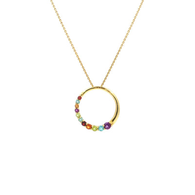 Vintage Multi-Colour Stone Circle Pendant Necklace in 14ct Yellow Gold