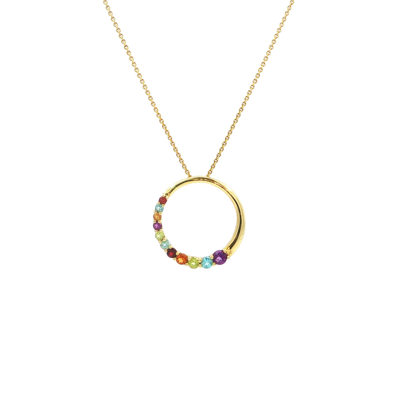 Vintage Multi-Colour Stone Circle Pendant Necklace in 14ct Yellow Gold