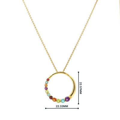 Vintage Multi-Colour Stone Circle Pendant Necklace in 14ct Yellow Gold