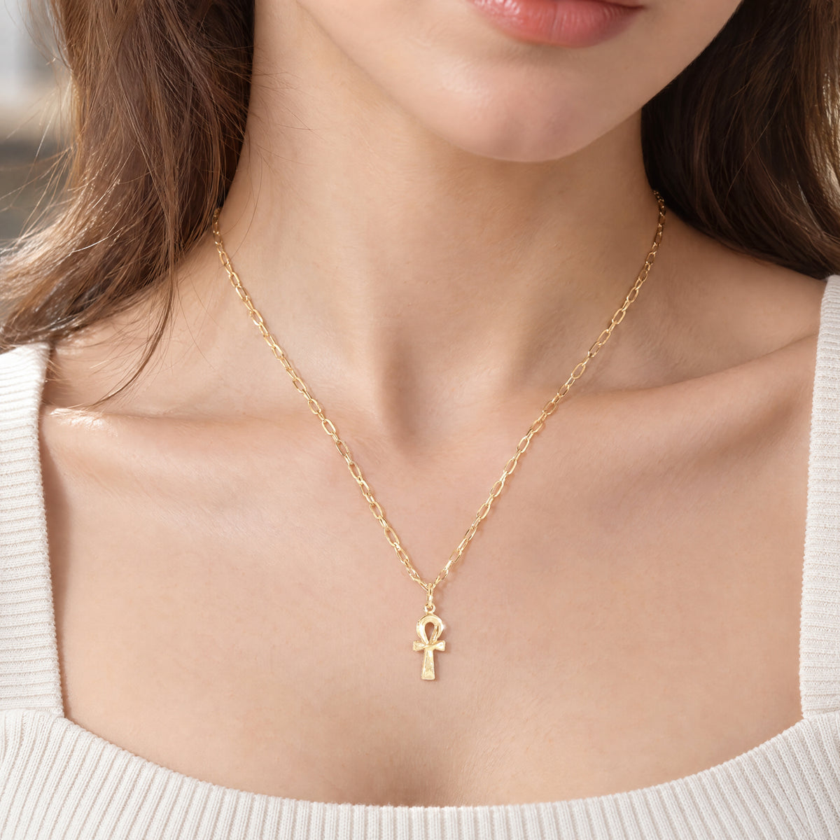 Egyptian Ankh Cross Pendant with 20" Curb Chain in 9ct Yellow Gold