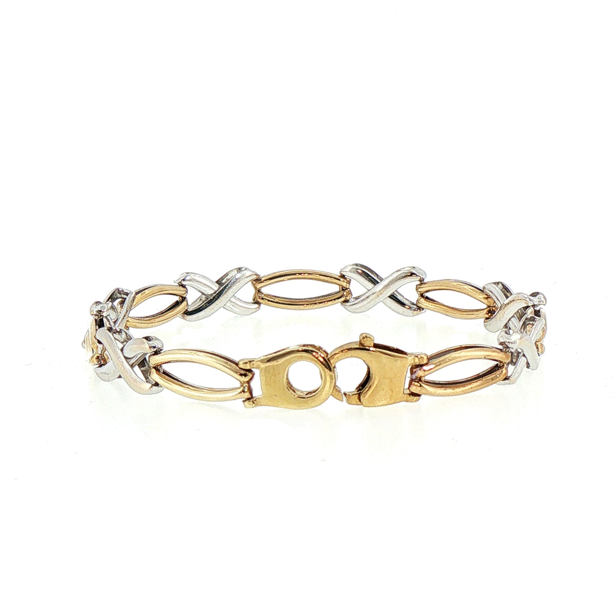 Vintage Two Tone Cross Over Links Bracelet Weighing 8.5g in 9ct White and Yellow Gold