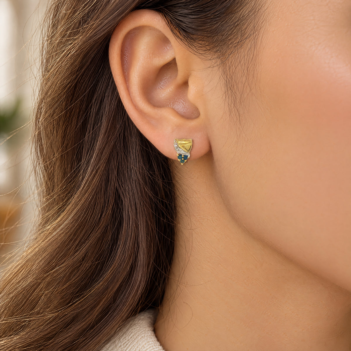 Natural Sapphire and Diamond Stud Earrings in 9ct Yellow Gold