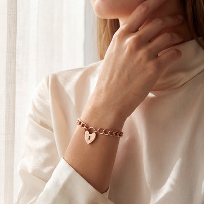 Vintage Curb Bracelet in 9ct Rose Gold with Heart Shape Padlock in 9ct Yellow Gold