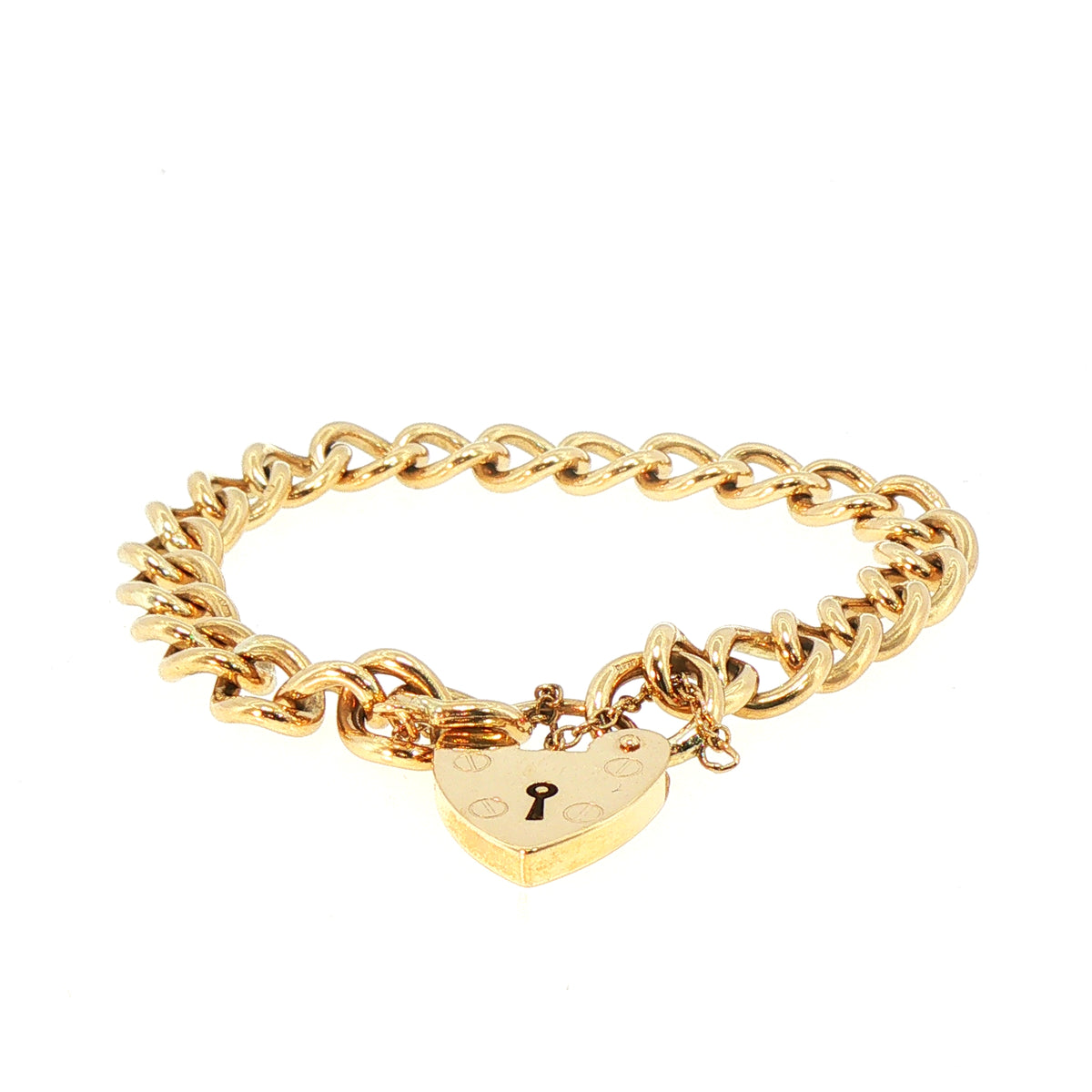 Vintage Curb Chase Link Bracelet with Heart Padlock in 9ct Yellow Gold