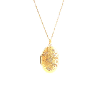 9ct Oval Floral Engraved Locket Necklace in Yellow Gold