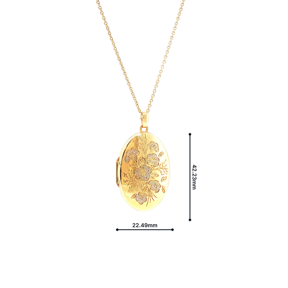 9ct Oval Floral Engraved Locket Necklace in Yellow Gold