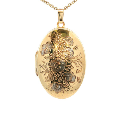 9ct Oval Floral Engraved Locket Necklace in Yellow Gold