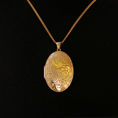 Vintage Large Engraved Oval Locket Necklace in 9ct Yellow Gold