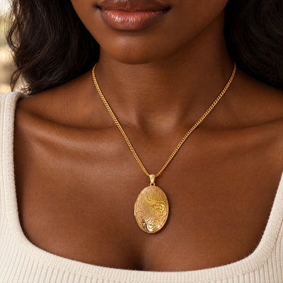 Vintage Large Engraved Oval Locket Necklace in 9ct Yellow Gold