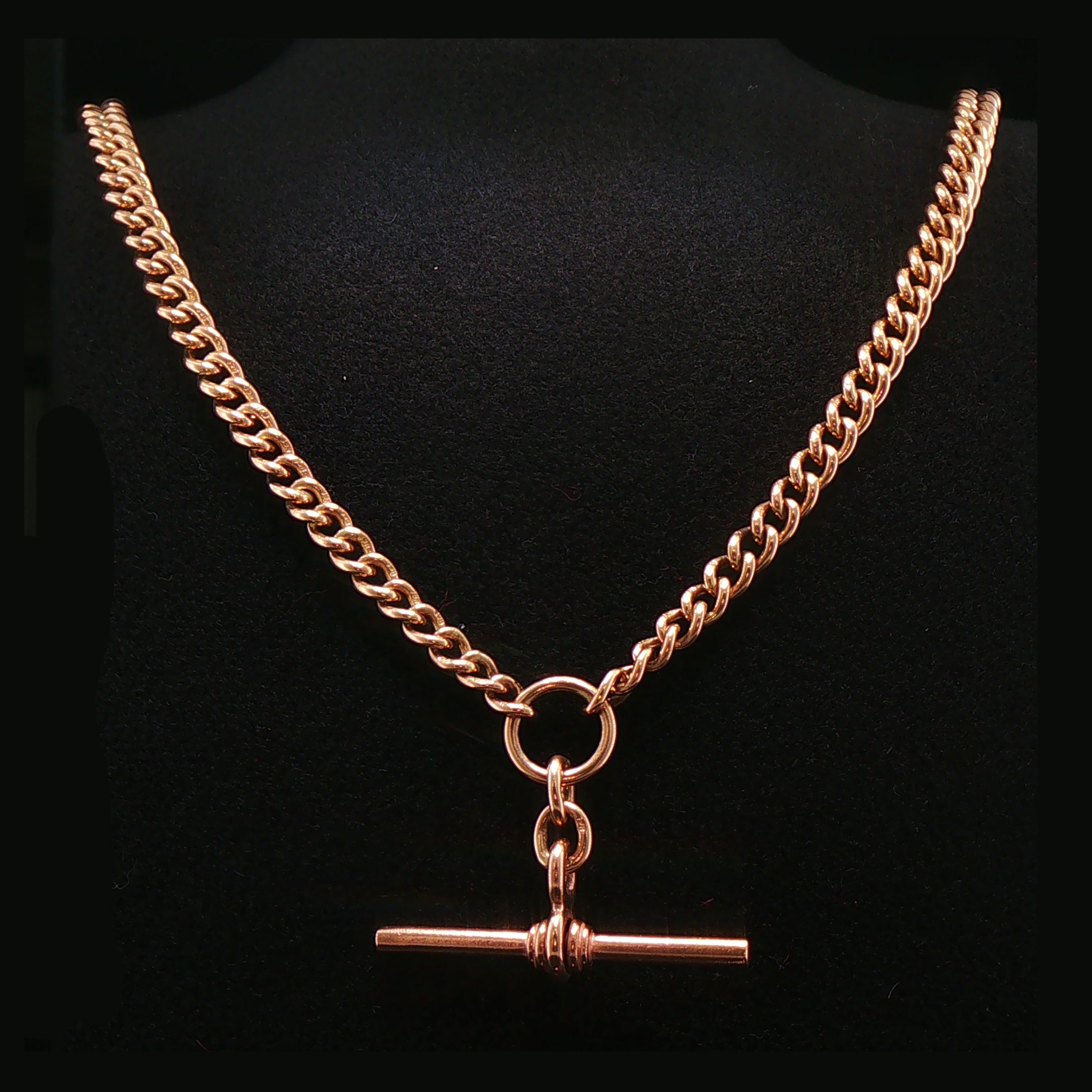 9ct Rose Gold Vintage 61.3g Curb Link Albert T-Bar Chain Necklace