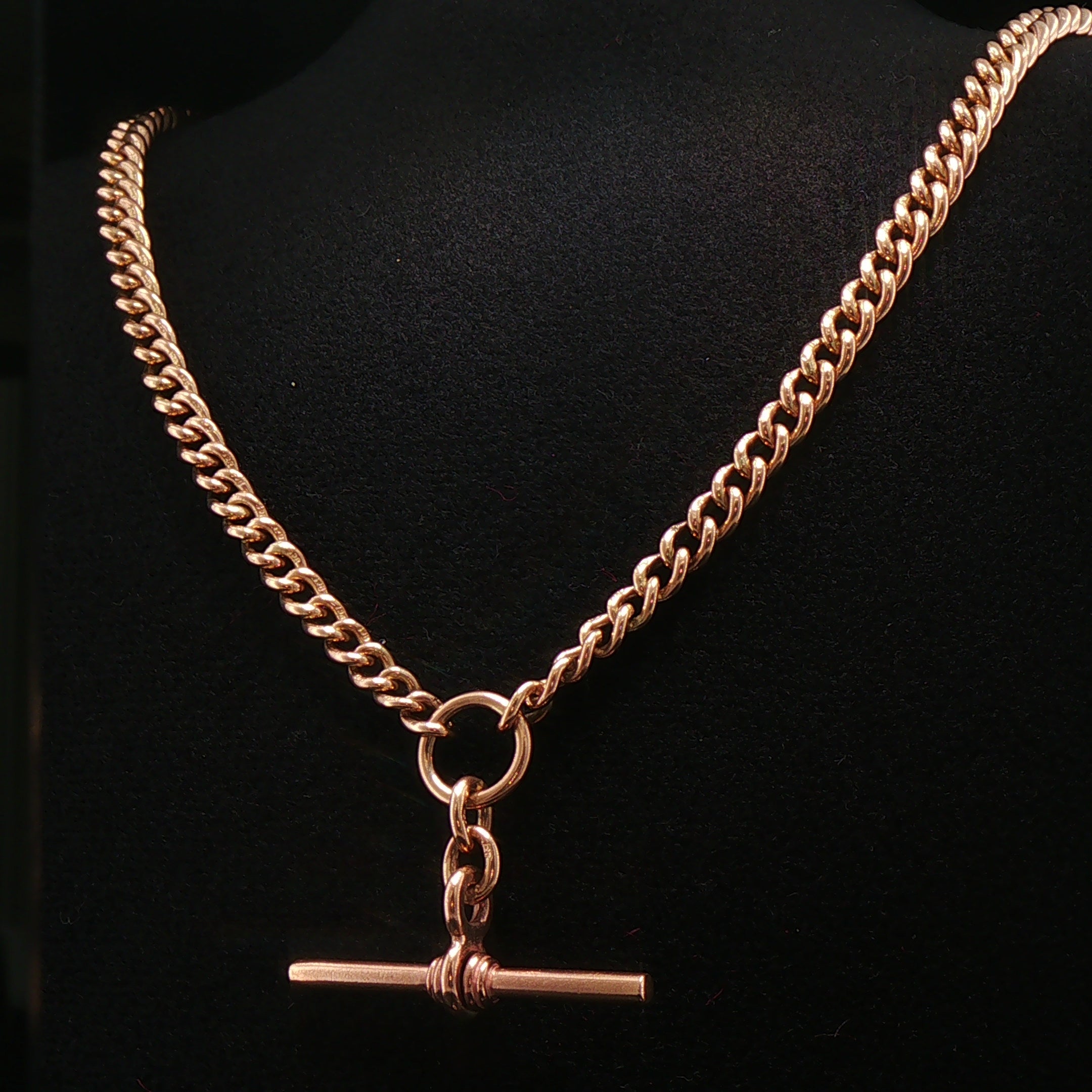 9ct Rose Gold Vintage 61.3g Curb Link Albert T-Bar Chain Necklace