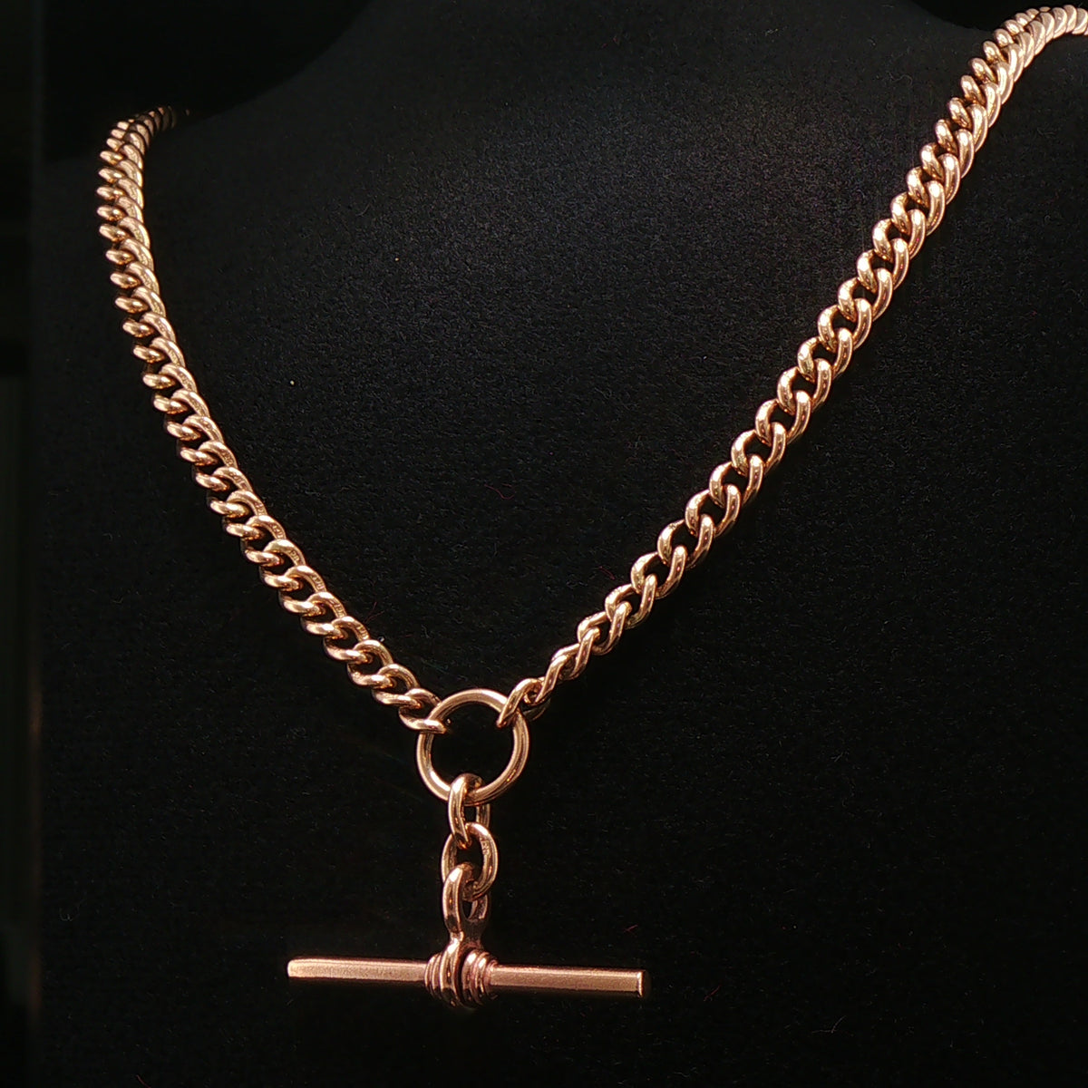 9ct Rose Gold Vintage 61.3g Curb Link Albert T-Bar Chain Necklace