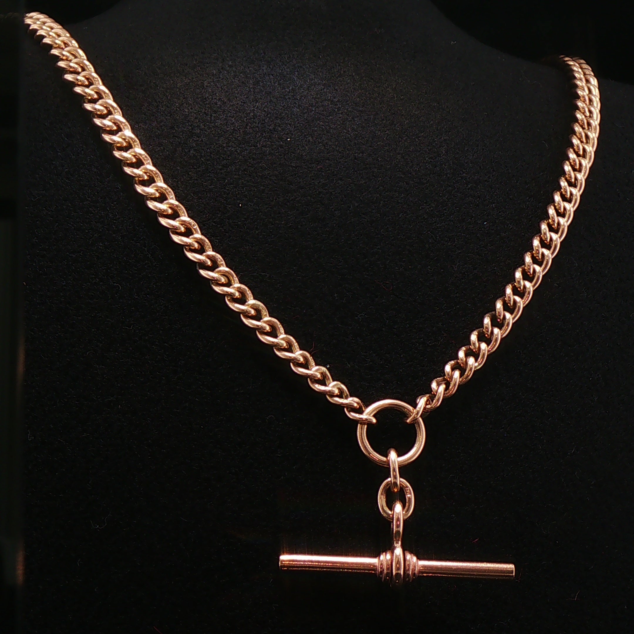 9ct Rose Gold Vintage 61.3g Curb Link Albert T-Bar Chain Necklace