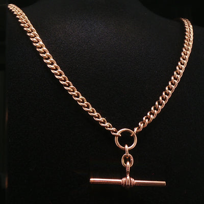 9ct Rose Gold Vintage 61.3g Curb Link Albert T-Bar Chain Necklace