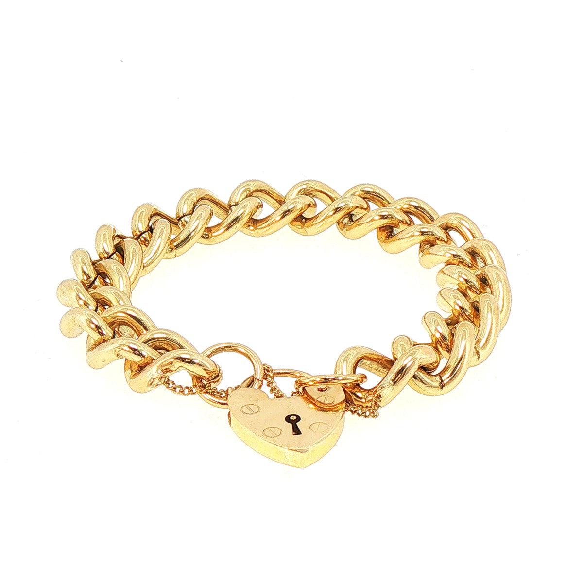 Vintage Solid Curb Bracelet with Heart Shape Padlock in 9ct Yellow Gold