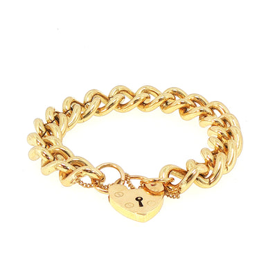 Vintage Solid Curb Bracelet with Heart Shape Padlock in 9ct Yellow Gold