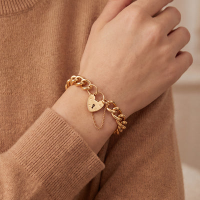 Vintage Solid Curb Bracelet with Heart Shape Padlock in 9ct Yellow Gold