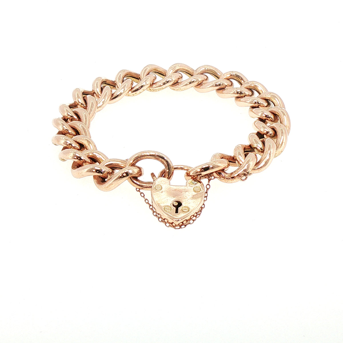 Vintage Plain Florentine Link Bracelet with Heart Shape Padlock in 9ct Rose Gold