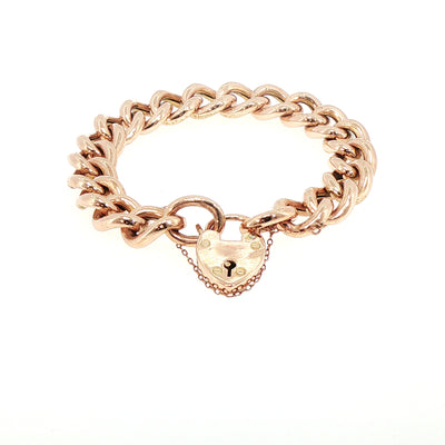 Vintage Plain Florentine Link Bracelet with Heart Shape Padlock in 9ct Rose Gold