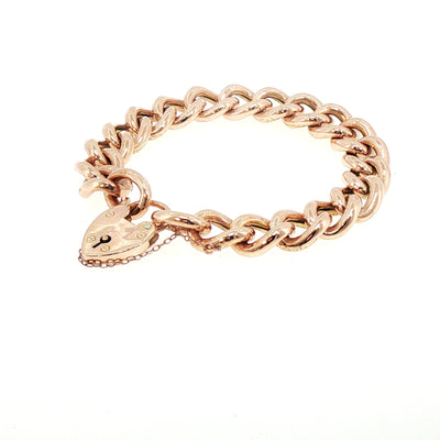 Vintage Plain Florentine Link Bracelet with Heart Shape Padlock in 9ct Rose Gold