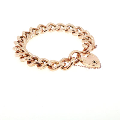 Vintage Plain Florentine Link Bracelet with Heart Shape Padlock in 9ct Rose Gold