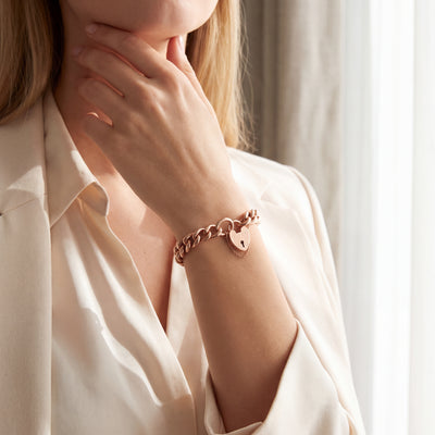 Vintage Plain Florentine Link Bracelet with Heart Shape Padlock in 9ct Rose Gold
