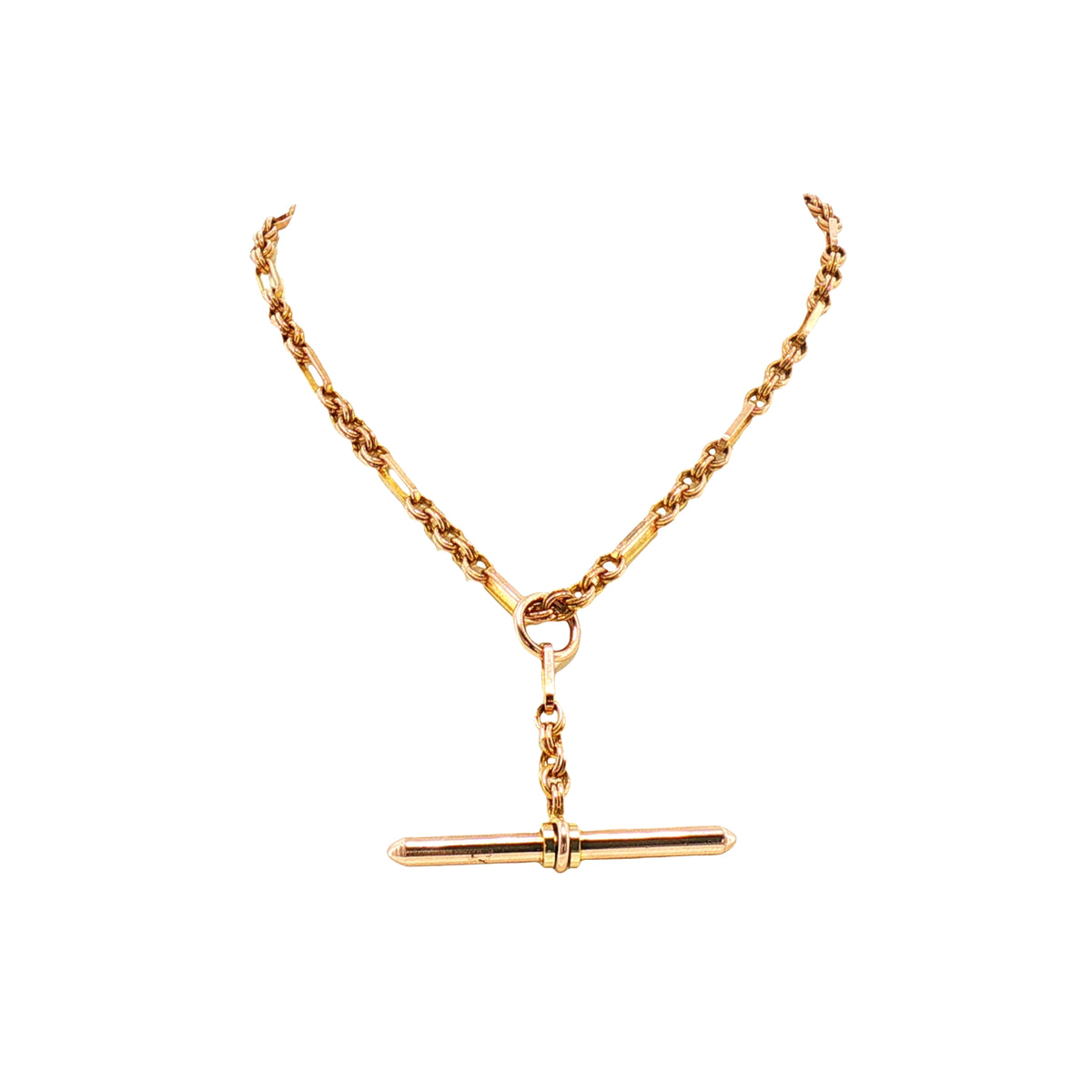 Vintage Albert Chain Necklace with T-Bar Drop in 9ct Yellow Gold