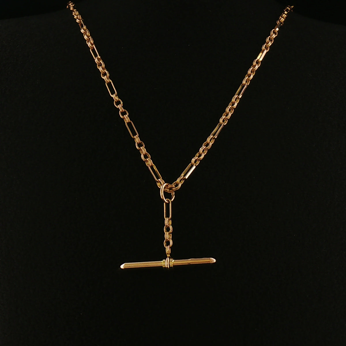 Vintage Albert Chain Necklace with T-Bar Drop in 9ct Yellow Gold