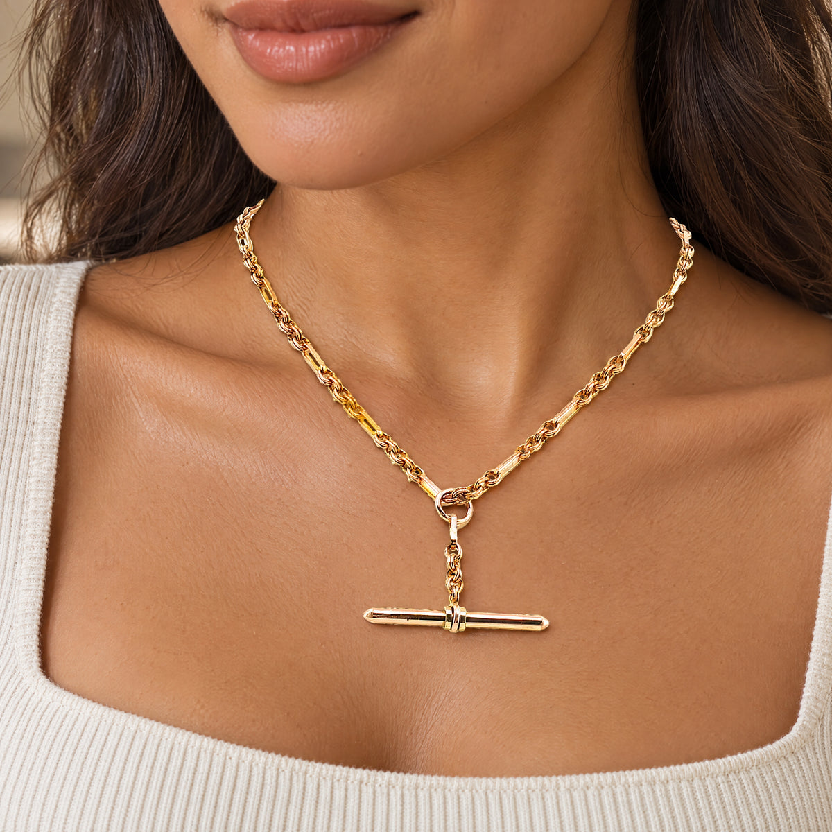 Vintage Albert Chain Necklace with T-Bar Drop in 9ct Yellow Gold