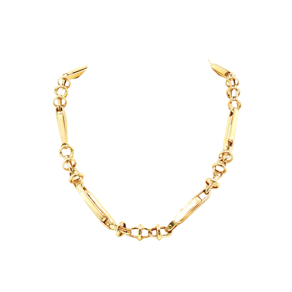 Vintage Fancy Bar Trombone Style and Ring Link Chain Necklace in 14ct Yellow Gold