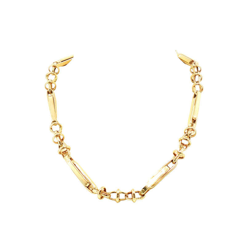 Vintage Fancy Bar Trombone Style and Ring Link Chain Necklace in 14ct Yellow Gold