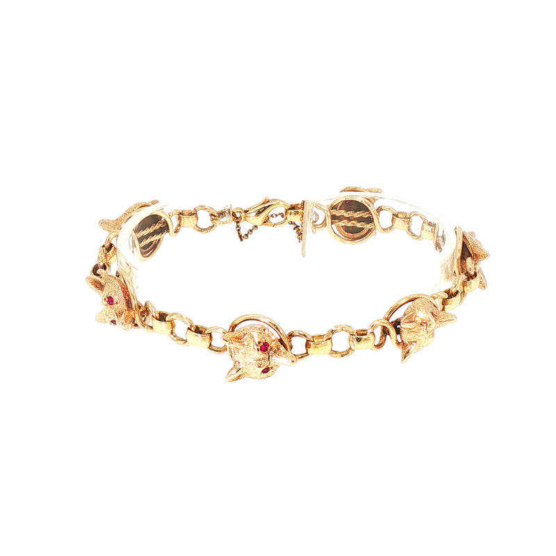 Vintage Round Curb Link Six Fox Head Bracelet with 9ct Yellow Gold