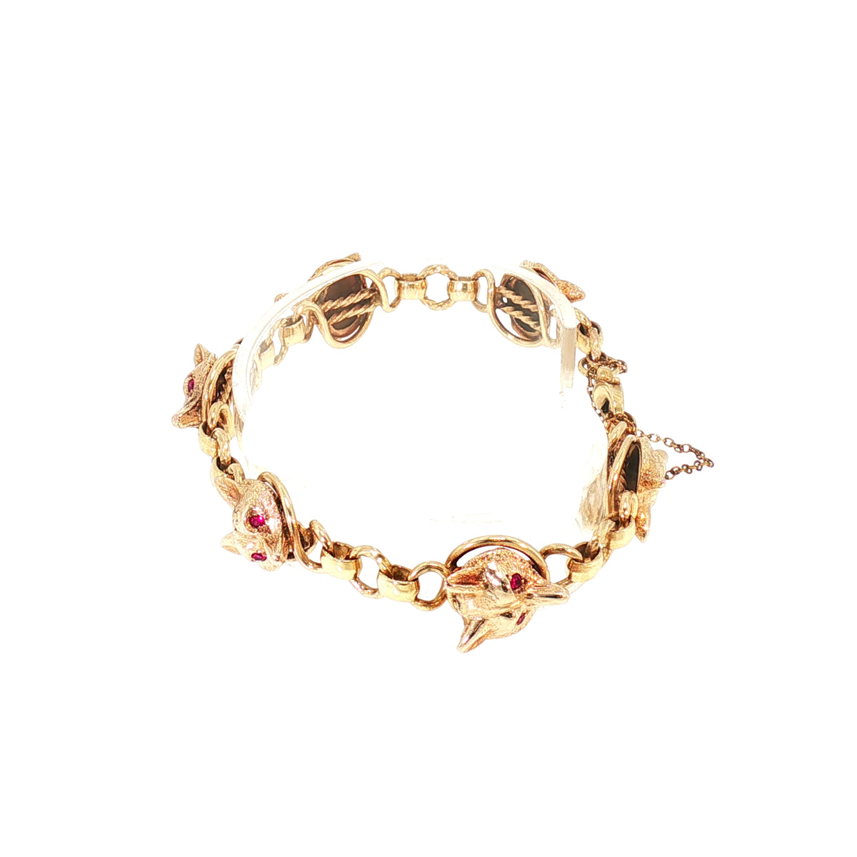 Vintage Round Curb Link Six Fox Head Bracelet with 9ct Yellow Gold