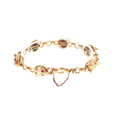 Vintage Round Curb Link Six Fox Head Bracelet with 9ct Yellow Gold