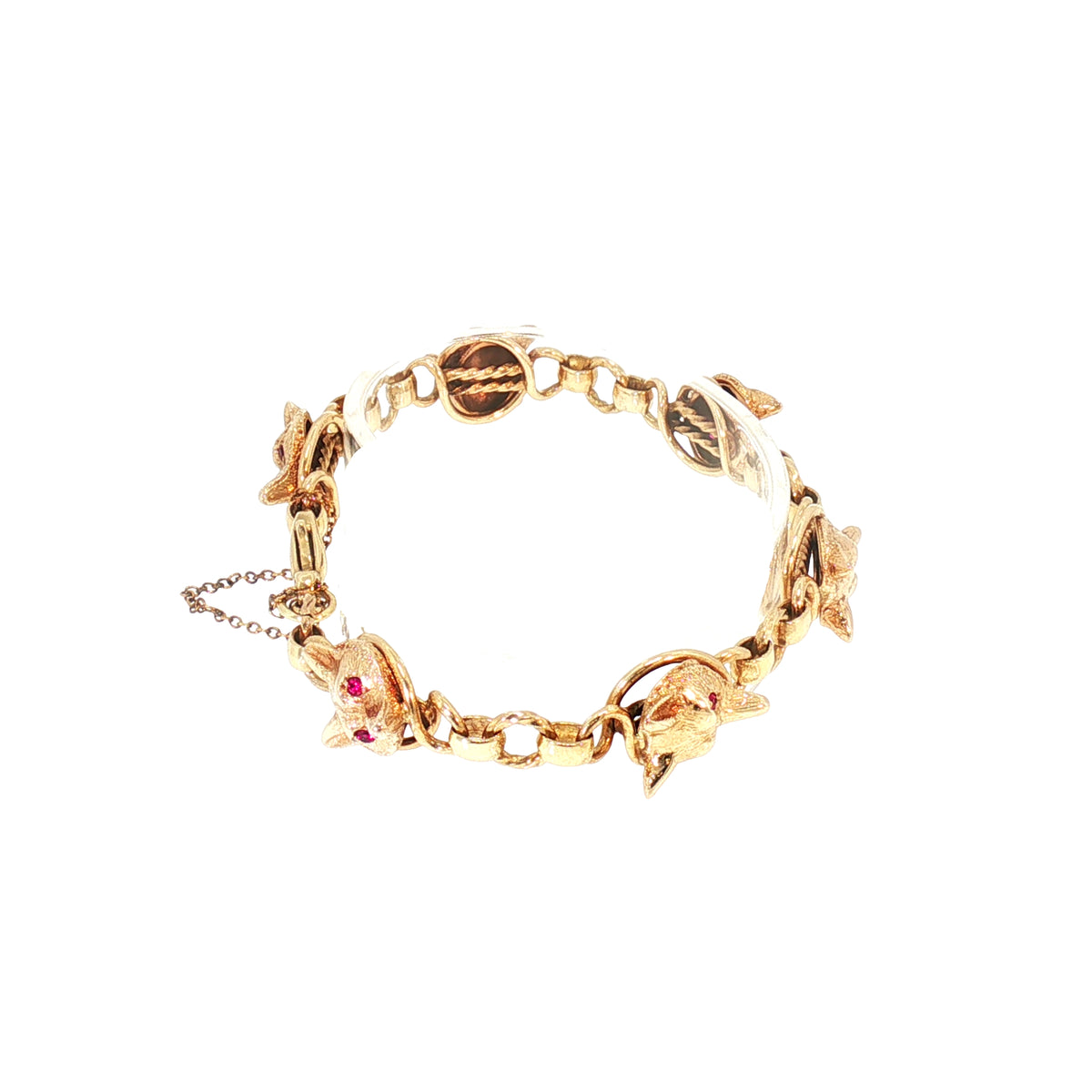 Vintage Round Curb Link Six Fox Head Bracelet with 9ct Yellow Gold