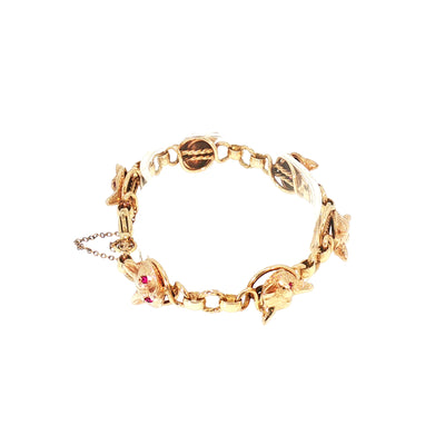Vintage Round Curb Link Six Fox Head Bracelet with 9ct Yellow Gold
