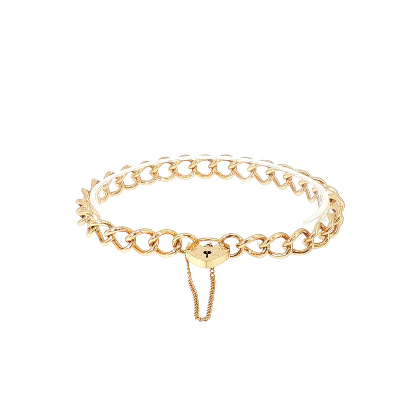 Vintage Round Curb Link Bracelet With Heart Shaped Padlock in 9ct Yellow Gold
