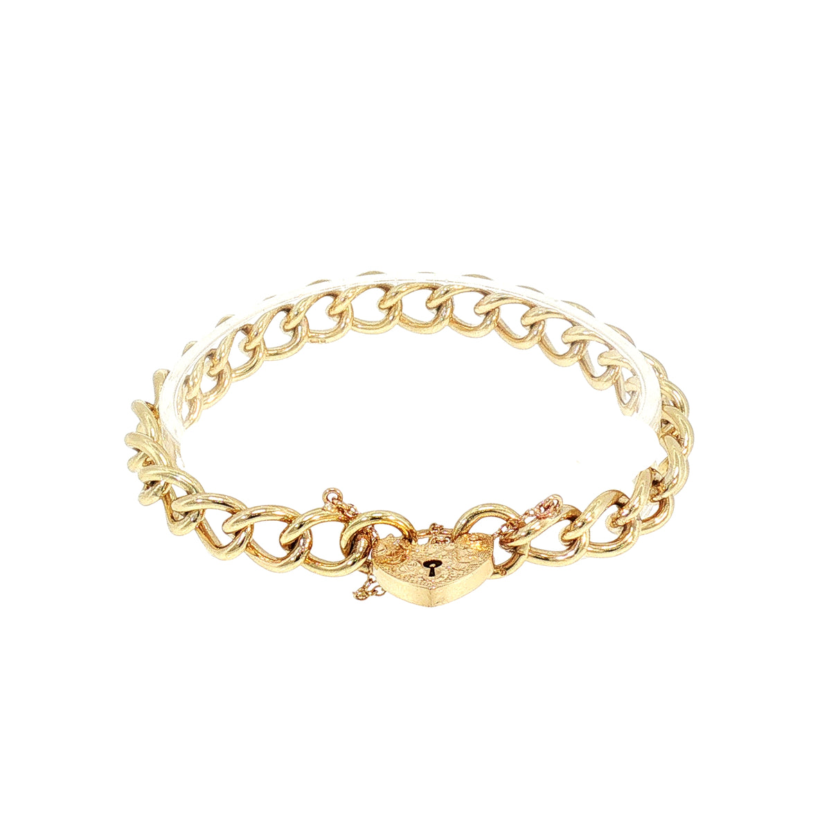 Vintage Round Curb Link Heart Padlock Bracelet in 9ct Yellow Gold