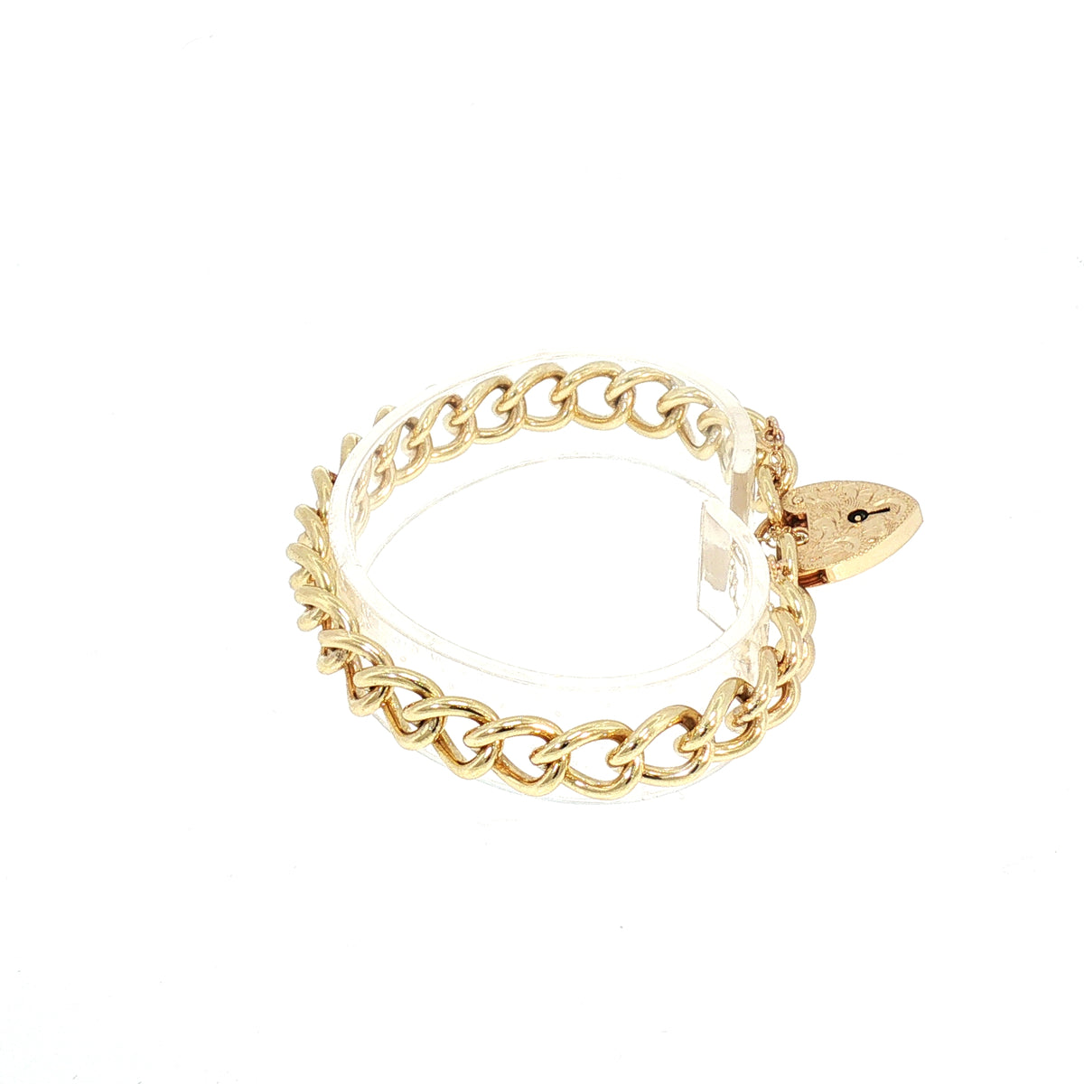 Vintage Round Curb Link Heart Padlock Bracelet in 9ct Yellow Gold