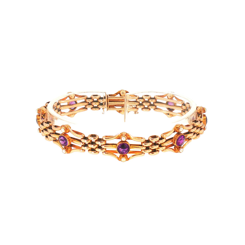 Antique Amethyst and Pearl Gate Bracelet in 15ct Yellow Gold