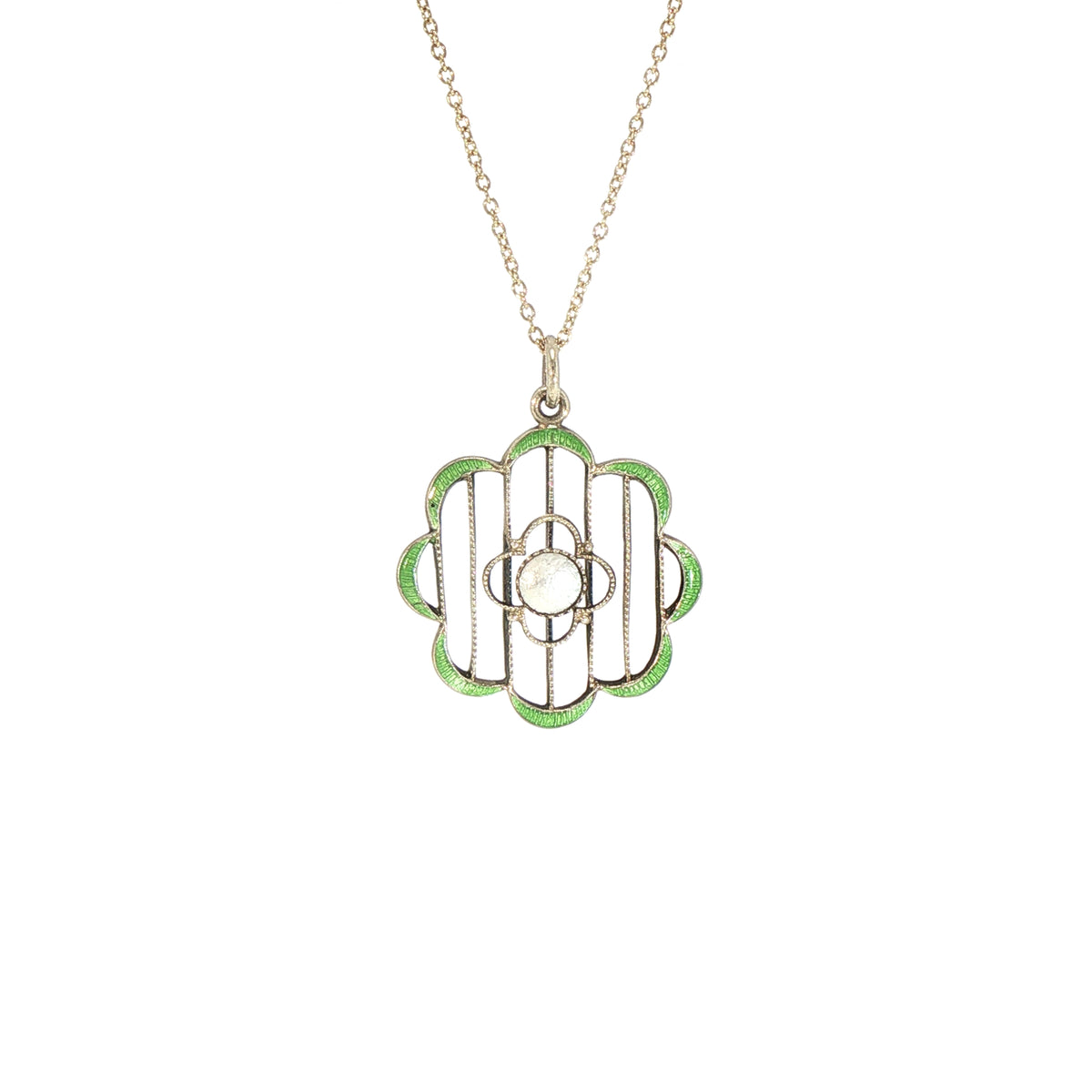 Vintage Green Enamel Mother of Pearl Flower Pendant in 9ct Yellow Gold
